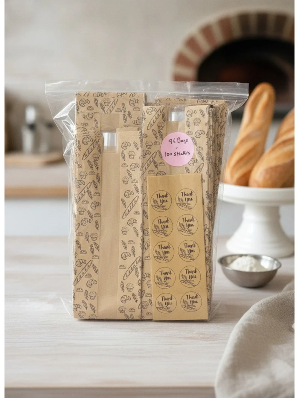 Bakery Bags Baguette Bread Design Clear Window 96pcs with 100 Thank You Stickers